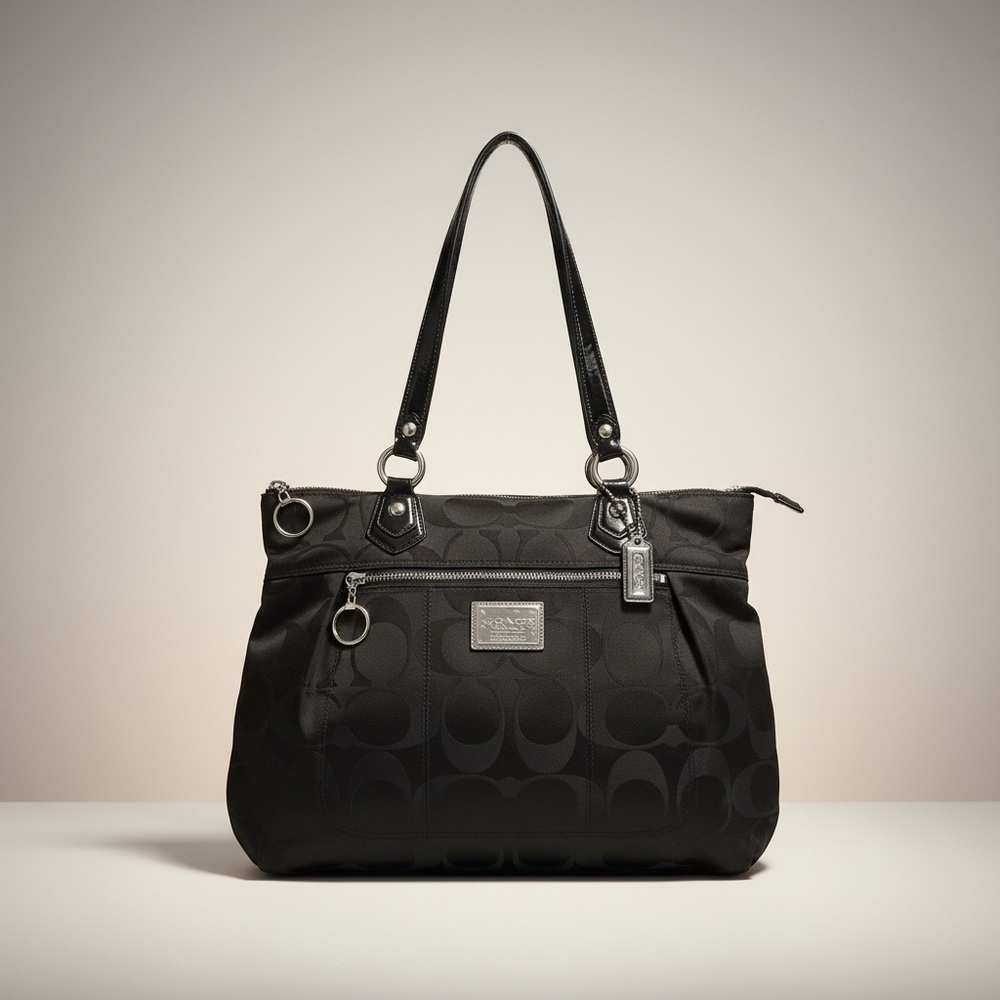 ✨ Coach Poppy Black Signature Tote Pink Satin Lining Patent Trim EUC